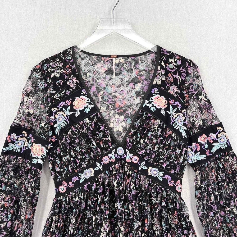 Free People Mini Dress Womens 2 Black Floral Lace Embroidered V-Neck Long Sleeve - Picture 6 of 16